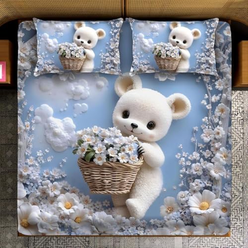 Image of 7D Flat Bedsheet 400TC Sheet Set, Kids Design bedsheet, Floral Design, Decorative Bedding with Daisy Pattern, Kids Room Decor, 90X100 Inch (Teddy)