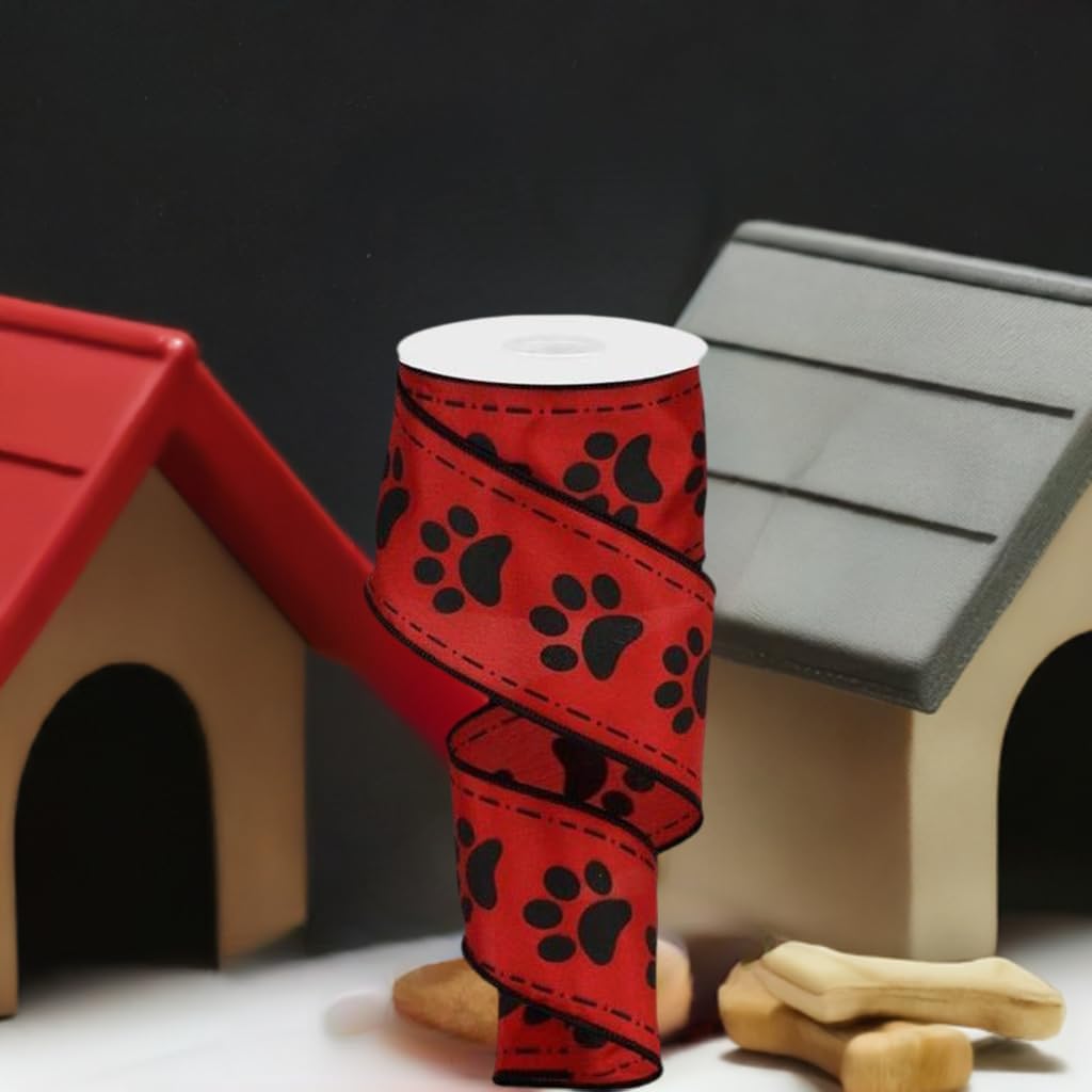 Wired Ribbon Red and Black Paw Prints on Satin 2.5" X 10 Yards for Wreaths, Gift Wrapping Easter Spring Summer Dog or Cat Lover image 4