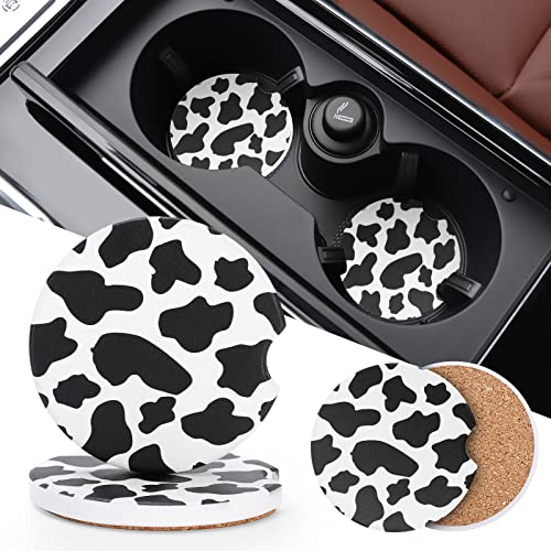 DSNDVES Car Cup Coasters - Car Cup Mat 2 Pack - 2.56'' Ceramic Car Coasters for Cup Holders - Absorbent Car Coaster with Cork Back and Finger Notch for Easy Move of Auto Cup Holder The Cow Pattern