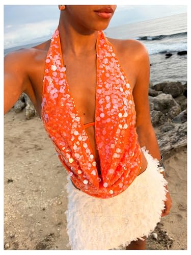 SOLY HUX Women's Sequin Glitter Halter Crop Tank Top Sparkly Backless Deep Cowl Neck Going Out Vest Clubwear2