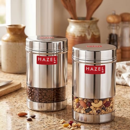 Image of HAZEL Stainless Steel Transparent Wide Mouth See Through Container, Silver, Set of 2, 600 Ml