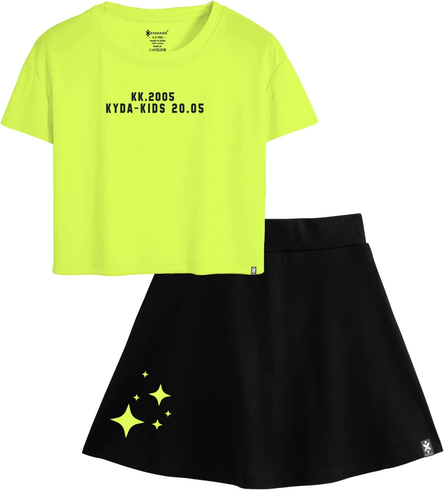 100% Pure Cotton Girls Printed Crop Top and Skirt with Attached Inner shorts Co-ords Set