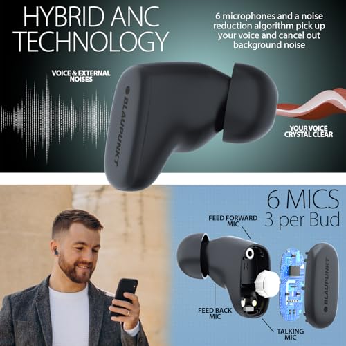 Image of Blaupunkt BTW40 Hybrid ANC Moksha in‑Ear Earbuds with Superior Noise Reduction, HD Sound, 6‑Mic CRISPR ENC, Blink Pair Technology, Ambient Mode, Wireless Charging, and TurboVolt Fast Charging (Black)