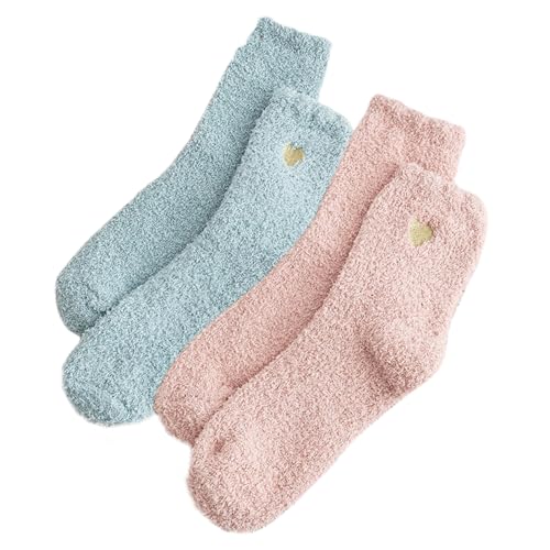 Fluffy Socks Womens, 4 Pairs Bed Socks for Women Soft Coral Fleece Fuzzy Sock with Heart Design Wool Warm Knitting Ladies Sock Cozy Multicolor Gift Set for Home Office School Hiking (Blue, pink)