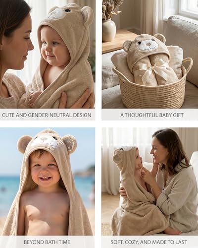 Image of MINIBOO Hooded Baby Towels for Newborn - Super Soft Baby Bath Towels with Hood, Highly Absorbent Viscose Made from Bamboo Hooded Towel for Infant, Toddler and Kids, Baby Essentials
