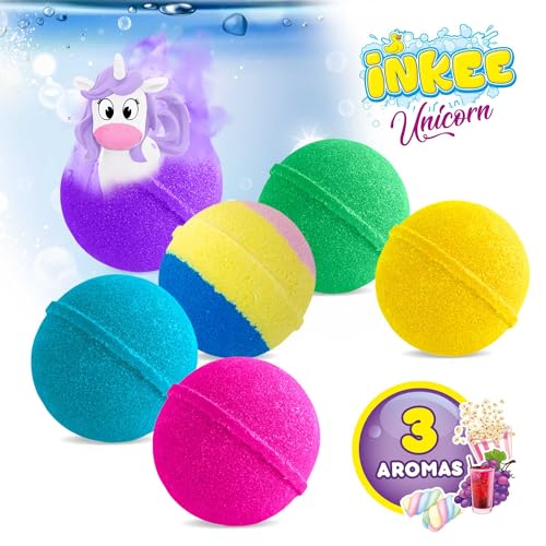INKEE Geschenkbox Unicorn | Box mit 6 Badebomben für Kinder mit Überraschung, 6 Badekugeln mit Einhornfiguren in 6 verschiedenen Farben