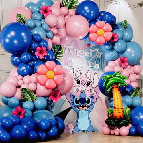 ALL-IN-1 Blue Alien Balloon Arch Kit with BONUS Palm Tree & Tropical Flowers for Cute Space Creature Theme Kids Birthday, Baby Showers & Outer Space Parties - Tropical Blue Monster Party Decorations