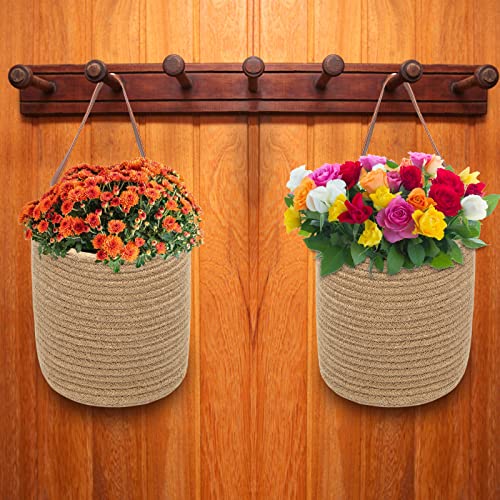 Youeon Set Of 2 Jute Hanging Basket 7.8" X 6.7", Wall Hanging Planter Baskets, Jute Woven Hanging Storage Baskets, Small Woven Baskets For Sunglasses Wallet Keys Flower Plants Towels Toys #TOP6