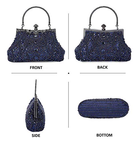 Selighting 1920S Vintage Beaded Clutch Evening Bags For Women Formal Bridal Wedding Clutch Purse Prom Cocktail Party Handbags Navy Blue #TOP5