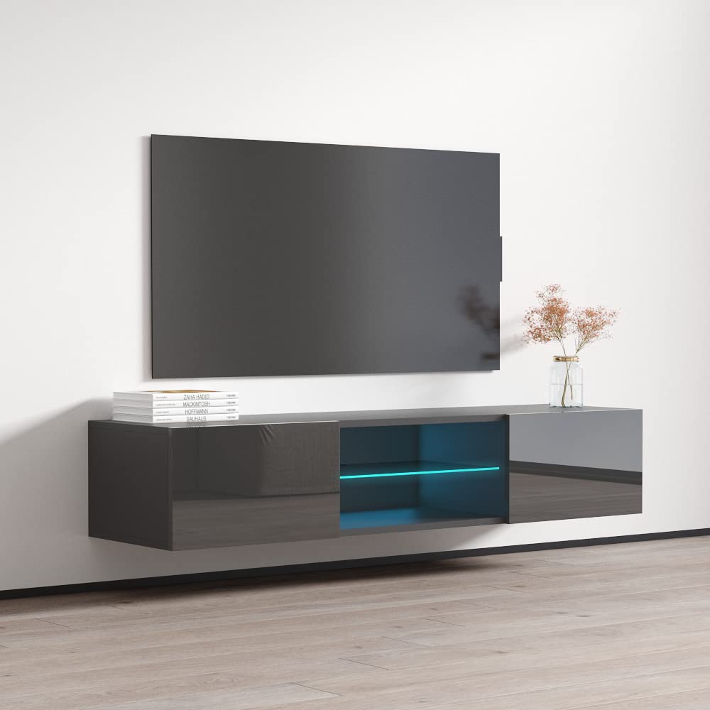 Meble Furniture Fly Type-33 TV Stand - Rectangular Shape Modern High Gloss TV Stand with Storage Cabinets & Led Lights - Wall-Mounted Media Entertainment Center Console Table for TV Up to 70