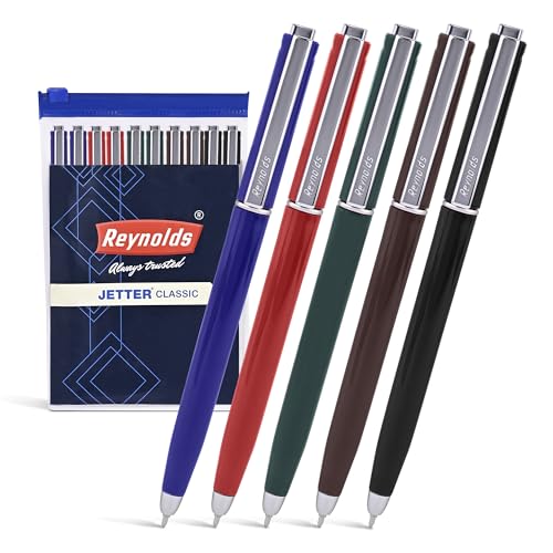 Reynolds JETTER CLASSIC Ball Pen SET - 10 PENS BLUE | MULTI BODY COLOR BALL PEN WITH COMFORTABLE GRIP |BLUE BALL PENS FOR WRITING | PEN FOR PROFESSIONALS | 0.7 mm TIP SIZE