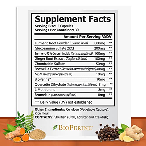 Turmeric Curcumin With Black Pepper - Bioperine Plus Ginger Glucosamine Chondroitin Msm And Boswellia - Joint Support And Inflammatory Relief Supplement With Antioxidant Properties. (1 Bottle) #TOP5