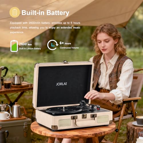 Image of Portable Bluetooth Record Player with USB Playback Rechargeable Battery and Built in Speakers 3 Speed Turntable in Retro Suitcase Design for Home Bedroom or Outdoor Use