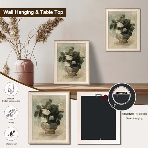 Uniro Vintage Floral Wall Art Framed, Neutral Flower Still Life Oil Painting, White Roses Canvas Prints Artwork with Antique Frame, Farmhouse Wall Decor for Bedroom, Kitchen, Shelf, Bathroom Wall Decor, Cottagecore Room Decor - 12x16Inch by uniro - Used condition - Image 2