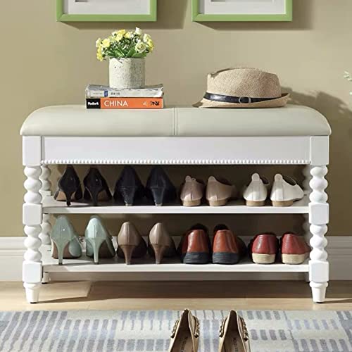Banco de entrada vintage de madera maciza, zapatero tapizado en cuero con almacenamiento oculto, organizador de zapatos premium para sala de estar, pasillo o zapatero (70 x 30 x 48 cm, blanc