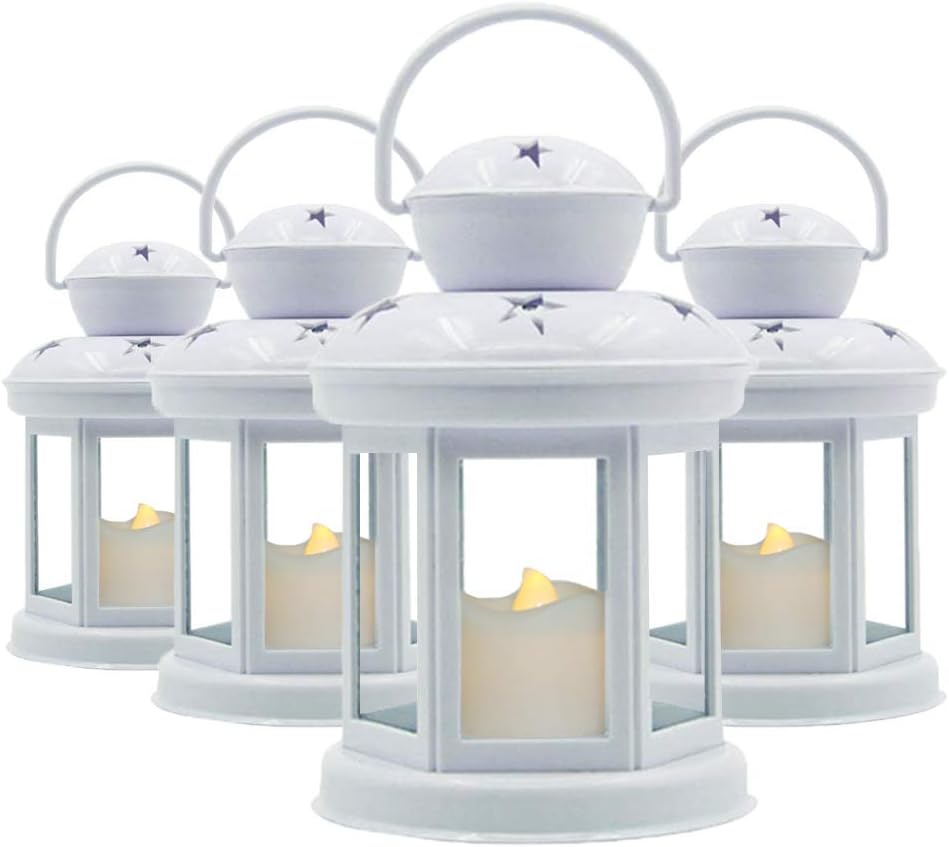 Decorative White Candle Lanterns Soft Flickering LED Light Wedding Lanterns Home Decor Lanterns -7.5" High Set of 4 Indoor/Outdoor Use (White)