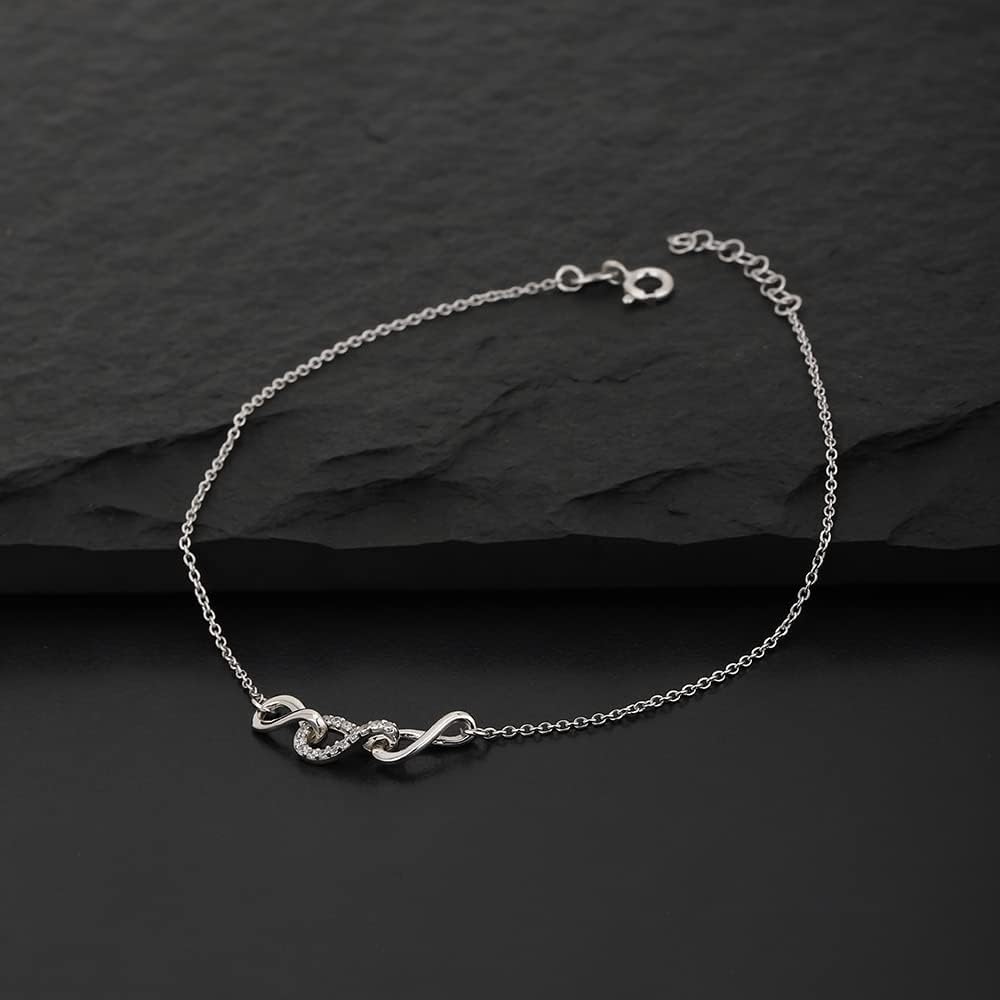 Vanbelle Sterling Silver Jewelry - Rhodium Plated 925 Stamp - Studded Infinity Anklet with Cubic Zirconia Stone - Foot Jewelry Stylish Beautifully Designed - 9" Long + 1" Extender