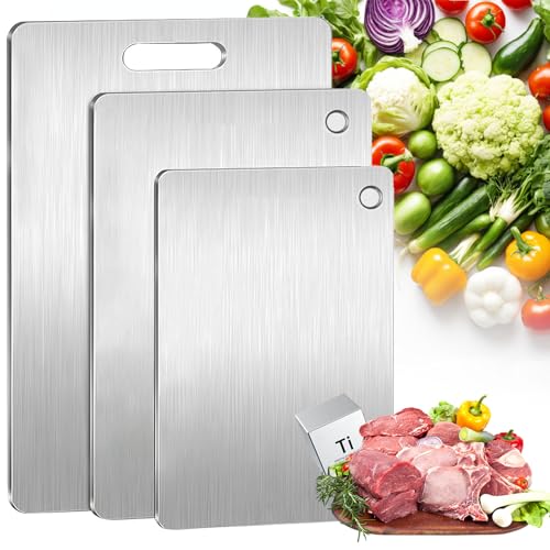 Juego de 3 tablas de cortar de titanio, tablas de cortar de titanio 100% puro para cocina, de doble cara, aptas para lavavajillas, de grado alimenticio, tabla de cortar para cocinar en casa