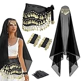 4 Pcs Belly Dance Outfit Sets, Belly Dance Chiffon Hip Scarf & Head Scarf with Gold Coins, 1 Pair Coin Wrist Bracelet, 50 Pcs Bobby Pins, for Women Halloween Carnival Costume Accessory (Black)