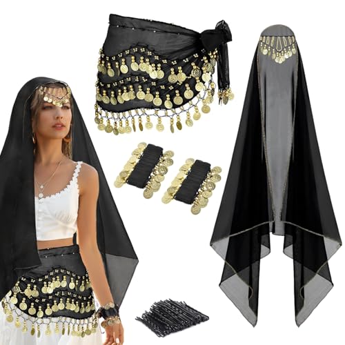 4 Pcs Belly Dance Outfit Sets Belly Dance Chiffon Hip Scarf & Head Scarf with Gold Coins 1 Pair Coin Wrist Bracelet 50 Pcs Bobby Pins for Women Birthday Carnival Costume Accessory (Black)