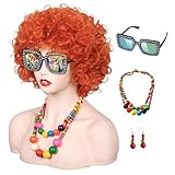ColorGround Short Curly Orange Red Wig with Necklace Earrings Sunglasses for 70s Costumes Themed Party