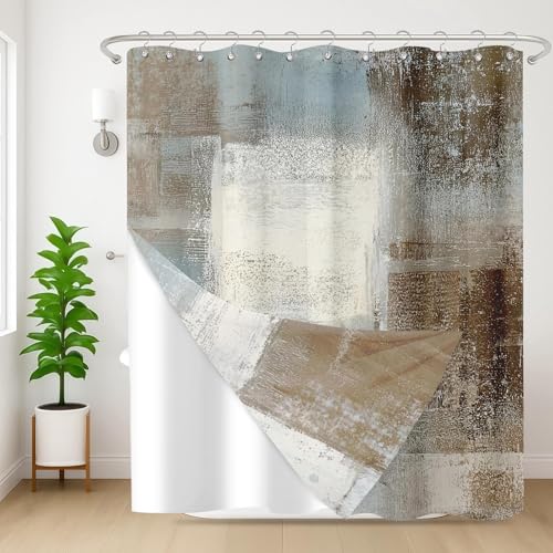 Nesphy Shower Curtain and Liner Set, Abstract Blue and Brown Shower Curtain and Liner with Double-Sided Stainless Steel Hooks, 3-in-1 Waterproof Fabric for Bathroom, 72x72 Inch