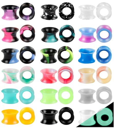 40Pcs Silicone Ear Gauges Flexible Ear Tunnels Gauges Soft Expander Stretching Ear Plugs Tunnels Colorful Double Flared Earring Piercings Jewelry for Men Women 2G-26mm