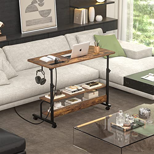 Height Adjustable Standing Desk With Power Outlets, 32" Manual Stand Up Desk With Storage Shelves Small Mobile Rolling Computer Desk Portable Laptop Table With Wheels For Home Office, Rustic #TOP7