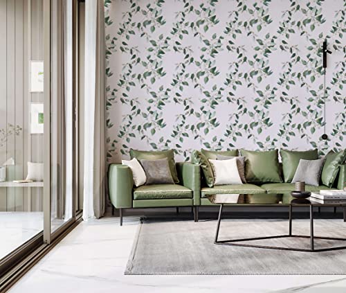 1 Roll 17.7”X118 And 1 Roll 17.7”X196 Peel And Stick Wallpaper White And Green Eucalyptus Leaf Floral Wall Mural Home Contact Paper Removable Waterproof Leaf Wallpaper Shelf Drawer Liner Vinyl Decor #TOP7