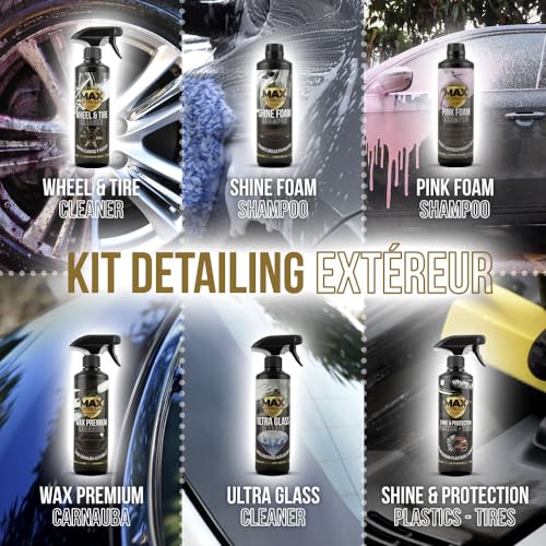 Detailing Pack - Kit Nettoyage Voiture avec Accessoires, Lavage Extérieur Intérieur, Nettoyant Jantes, Shampoing, Cire Liquide, Brillant Pneu Plastique, Entretien Cuir Vitre Auto Moto – Image 5