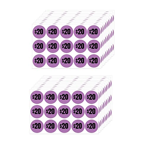 Mobiusea Creation 300pcs Bright Purple 20 Price Stickers | 1” Diameter Price Price Tags with Preprinted Black Text | 20 Dollar Garage Sale Stickers for Retail, Yard Sale, and More