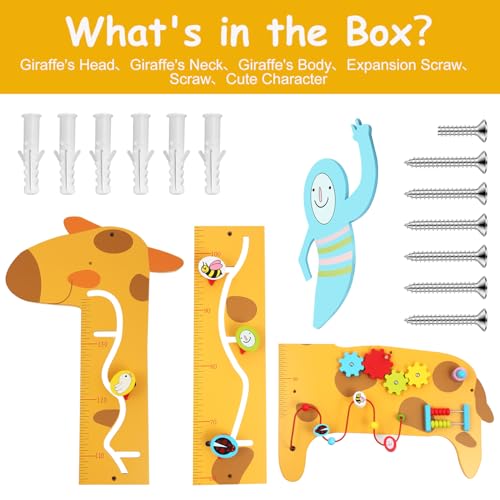 Image of Dollox Giraffe Activity Wooden Wall Panels, 7-in-1 Toddler Multifunctional Busy Board Sensory, Interactive Educational Toy Montessori Wall Decor Preschool Toy for Daycare Activity Center Livingroom