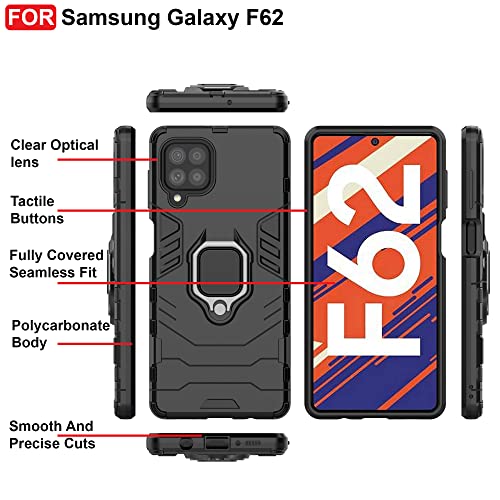 Image of CEDO Kickstand Cover for Samsung Galaxy F62 (4G) Rugged Case | Built-in Stand Rotating Ring Holder | Military Grade Armor Bumper Back Cover (Black)