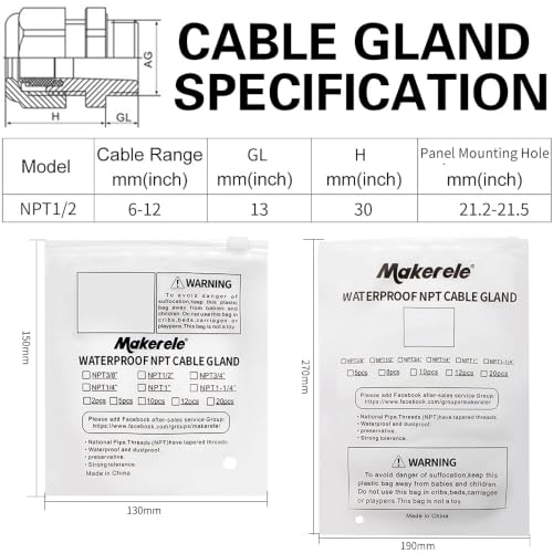 Image of MAKERELE 1 /2 NPT Nylon Cable Gland Strain Relief Connector Waterproof IP68 | 1 /2 Inch NPT, 20pcs, Grey Cable Gland, 6-12mm Cable Diameter with Gaskets, Wire Grommet, for Electrical Junction Box