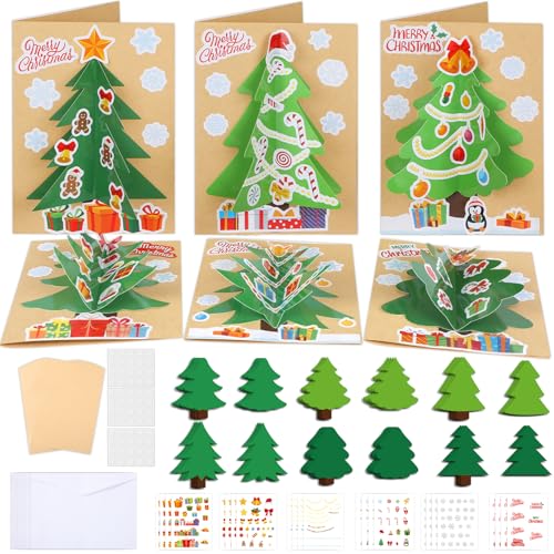 24 tarjetas de árbol de Navidad en 3D con pegatinas para manualidades infantiles creativas