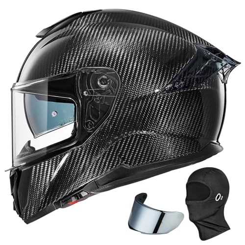 ILM Carbon Fiber Motorcycle Helmets Lightweight Full Face Dual Visor Helmet with Rear Wing Pinlock Compatible Motorbike Street Bike DOT ECE Men Women Model 861C (CarbonFiber3K, L)