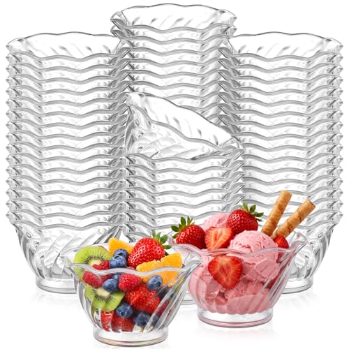 Rtteri 100 Pcs Plastic Dessert Cups 6 oz Clear Ice Cream Sundae Tasting Bowls, Mini Round Swirl Tulip Shape Party Buffet Serving Cups for Yogurt Salad Appetizer Chocolate Fruit (Clear)