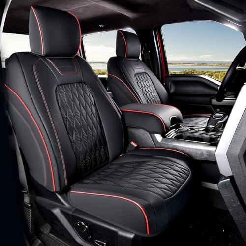 Image of Coverado Leather Seat Covers Full Set for Ford F150F250F350F450(2015-2026)Waterproof Automotive Cushion Covers for Pick-Up Trucks Custom Fit for F150 SuperCrew&F250-F450 Super Duty Crew Cab(Red Line)