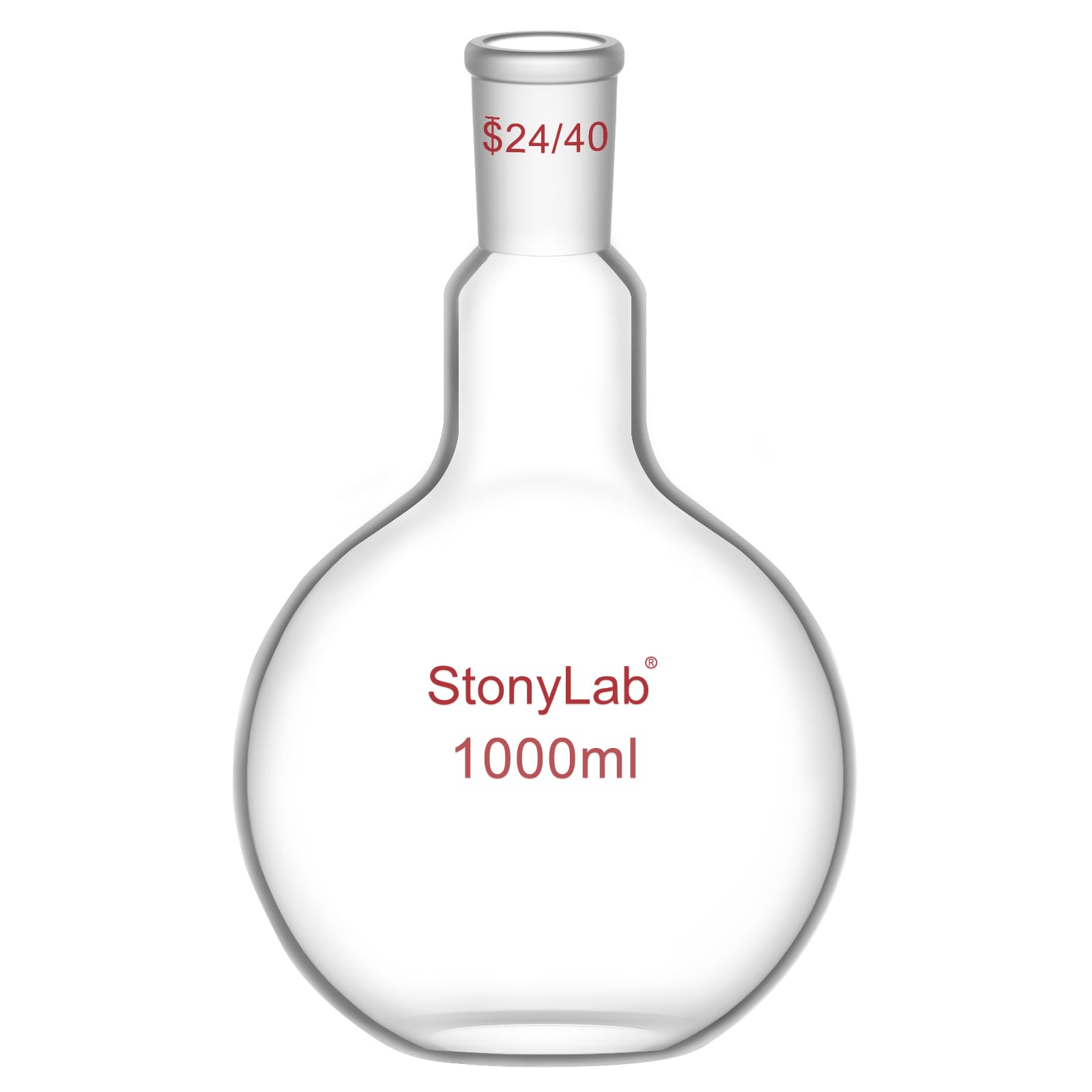 StonyLab Borosilicaté Verre Simple cou Fond plat Ébullition Flasque, Ballons de Laboratoire Single Neck Flat Bottom Boiling Flask avec 24/40 Standard Cône Joint Extérieur - 1000ml