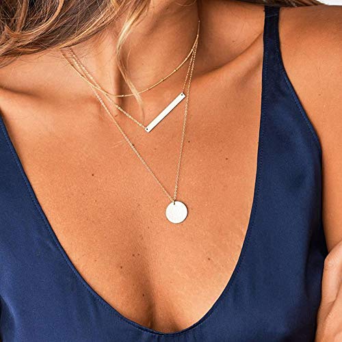 Turandoss Dainty Layered Choker Necklace, Handmade 14K Gold Plated Y Pendant Necklace Multilayer Bar Disc Necklace Adjustable Layering Choker Necklaces for Women - Image 7