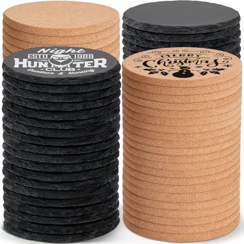 Comparison: Best Material For Coasters 9 MAPRIAL 100 PCS Blank Coasters for Drinks, Natural Engravable Materials, 4 Inch 50 PCS Black Handmade Slate Stone Coasters, 50PCS Cork Coaster Bulk for Laser Engraving, Gifts, Wedding, Crafts, Round