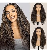 24 Inch Dark Brown Curly Synthetic Lace Front Wig with Baby Hair Brown Highlight Long Curly Wavy ...