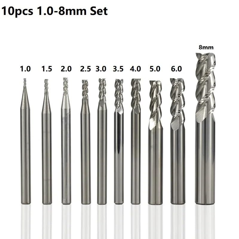 1/8/10PCS 3-ostrzowy frez z węglika spiekanego 1-12mm do frezarki CNC aluminium, akrylu, drewna, miedzi, plastiku(10PCS-1-8mm)
