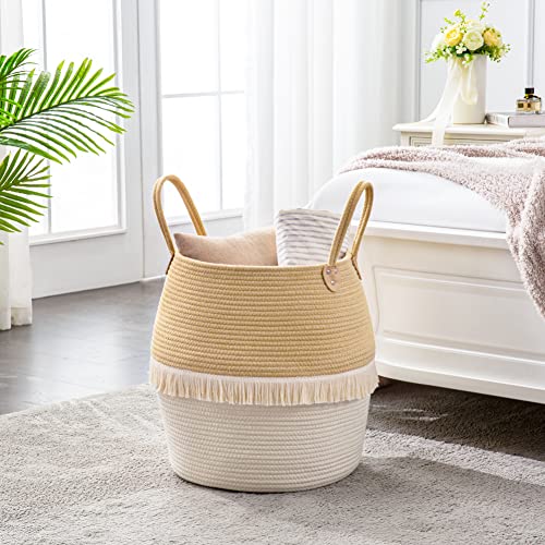 Kakamay Woven Baskets For Storage(17"X17"),Large Cotton Rope Basket Woven Baby Laundry Hamper,Collapsible Laundry Basket, Blanket Basket For Organizing Living Room,Nursery,Pillows,Toy Chest(Beige) #TOP2