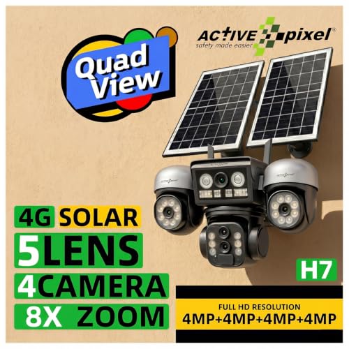 Image of Active Pixel 4G 4MP Solar Security Outdoor 4 Camera Setup with 8X Zoom PTZ Main Lens 360 Pan Tilt | Dual Screen View | SIM Supported No WiFi CCTV | Color Night Vision | AI Motion Detection - H7