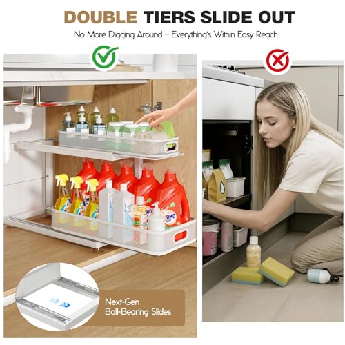 Image of 2-Pack 18.5 IN Depth Under Sink Organizer With Next-Gen Ball-Bearing Slides,Sophisticated Mesh 2-Tier Pull Out Shelf for Kitchen & Bathroom,Fits Small Items-White(Patented)