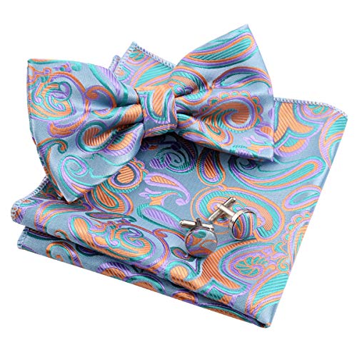 Alizeal Mens Floral Paisley Pre-tied Bow Tie, Hanky and Cufflinks Set, Green+Orange+Purple