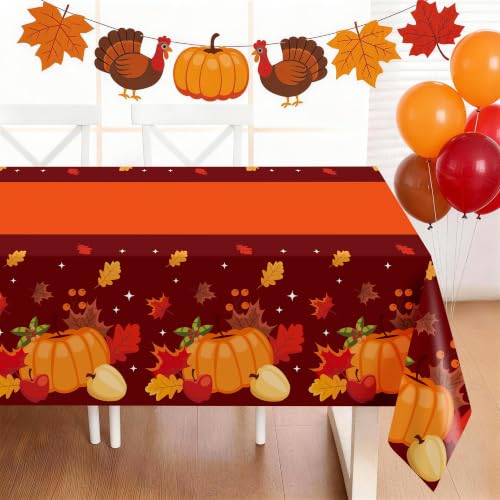Image of Childom Thanksgiving Tablecloth,3 Pack Disposable Plastic Tablecloth 54x108 Inch Thanksgiving Decorations,Pumpkin Maple Leaf Party Table Cover for Home Table Decor,Birthday Party Supplies