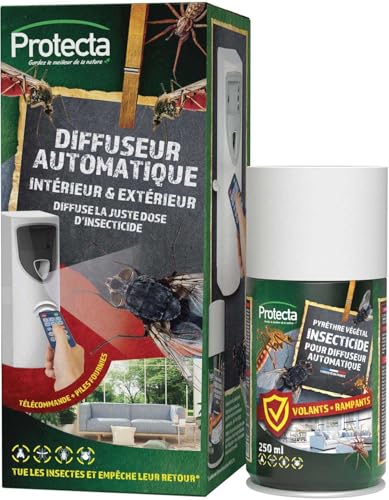 Protecta® - Kit Diffuseur Insecticide Automatique Programmable + Aérosol Pyrèthre 250 ml - Anti-Mouches, Moustiques & Insectes Volants et Rampants - Protection 24h/24...