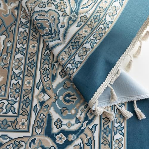 Image of Blue Medallion Curtains 84 Inches Long, Boho Farmhouse Light Filtering Rod Pocket Drapes with Tassel Trim for Bedroom Living Room, 2 Panels